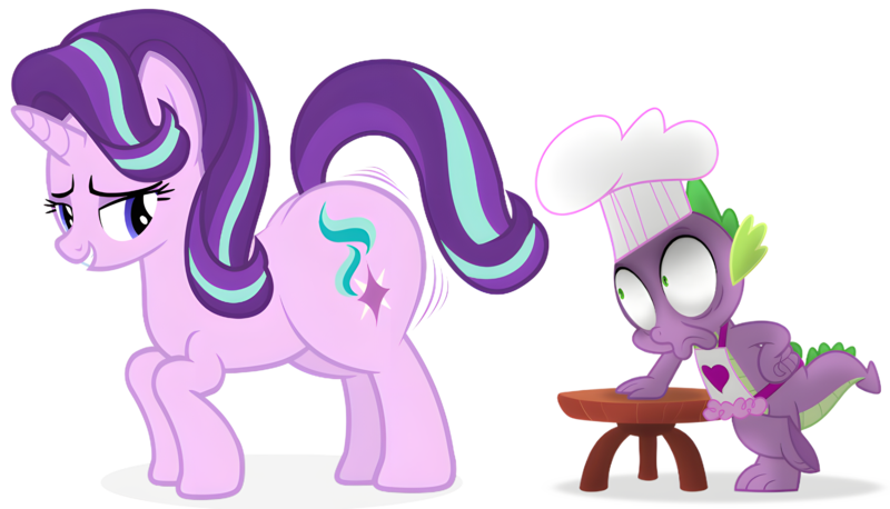 Size: 9110x5220 | Tagged: suggestive, artist:duskyzombie, artist:psyxofthoros, derpibooru import, edit, vector edit, spike, starlight glimmer, dragon, pony, unicorn, g4, apron, background removed, butt, butt expansion, butt shake, clothes, cute, cutie mark, duo, eyebrows, female, funny, funny face, glimmer glutes, grin, growth, hat, heart, horn, image, large butt, male, mare, plot, png, shading, shadow, ship:sparlight, shipping, shipping fuel, shocked, simple background, smiling, spike the butt lover, straight, tail, transparent background, vector, wiggle