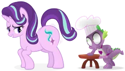 Size: 9110x5220 | Tagged: suggestive, artist:duskyzombie, artist:psyxofthoros, derpibooru import, edit, vector edit, spike, starlight glimmer, dragon, pony, unicorn, g4, apron, background removed, butt, butt expansion, butt shake, clothes, cute, cutie mark, duo, eyebrows, female, funny, funny face, glimmer glutes, grin, growth, hat, heart, horn, image, large butt, male, mare, plot, png, shading, shadow, ship:sparlight, shipping, shipping fuel, shocked, simple background, smiling, spike the butt lover, straight, tail, transparent background, vector, wiggle