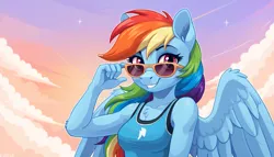 Size: 1344x768 | Tagged: safe, ai content, derpibooru import, machine learning generated, stable diffusion, rainbow dash, anthro, clothes, generator:pony diffusion v6 xl, glasses, image, looking at you, png, prompter:craft, smiling, smiling at you, solo, sunglasses, tanktop, winged anthro, wings