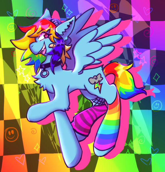 Size: 1199x1249 | Tagged: safe, artist:xxangelgutzxx, derpibooru import, rainbow dash, pegasus, pony, g4, bandage, beanie, blue coat, checkered background, chest fluff, clothes, collar, colorful background, dyed hair, ear piercing, female, fishnet clothing, fishnets, hat, heart, image, leg warmers, looking at you, multicolored hair, open mouth, pegasus wings, piercing, png, rainbow, rainbow hair, rainbow tail, scene kid, smiley face, smiling, smiling at you, socks, solo, spread wings, stars, stockings, tail, thigh highs, wings