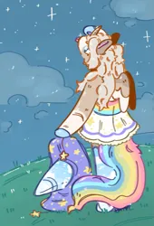 Size: 939x1378 | Tagged: safe, artist:tottallytoby, derpibooru import, oc, oc:baby, unofficial characters only, alicorn, pony, semi-anthro, alicorn oc, artfight, blue eyes, blue hooves, blue socks, cheek fluff, clothes, cloud, coat markings, colored hooves, colored muzzle, colored pinnae, colored wings, colored wingtips, cream mane, cream wingtips, curved horn, dress, facial markings, female, frilly dress, gift art, grass, hat, hill, hoof hold, hoof over head, hooves, horn, image, long socks, looking up, mare, mealy mouth (coat marking), multicolored hair, multicolored tail, night, outdoors, pale muzzle, partially open wings, pleated skirt, png, rainbow hair, raised hoof, shiny mane, shiny tail, shoulder fluff, skirt, socks, socks (coat marking), solo, stargazing, stars, tail, thigh highs, three toned wings, tongue out, wall of tags, white dress, white pupils, wings, wizard hat