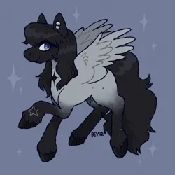 Size: 1150x1150 | Tagged: safe, artist:beyhr, derpibooru import, oc, oc:indigo, unofficial characters only, pegasus, pony, bangs, beauty mark, black hooves, black mane, black tail, blank flank, blue eyes, chest marking, coat markings, colored ears, colored head, colored hooves, ear piercing, earring, eye clipping through hair, female, female oc, gift art, gray coat, hooves, image, jewelry, long mane, long tail, looking back, mare, mare oc, mole, pegasus oc, piercing, png, profile, quarter horse, raised hoof, shiny hooves, shiny mane, shiny tail, signature, smiling, socks (coat marking), solo, sparkles, spread wings, starry eyes, tail, text, textured background, thick eyelashes, unshorn fetlocks, wavy mane, wavy tail, white coat, wing fluff, wingding eyes, wings