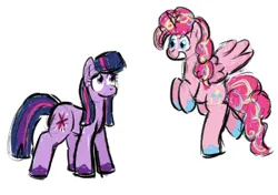 Size: 830x583 | Tagged: safe, artist:zoeyhorse, derpibooru import, pinkie pie, twilight sparkle, alicorn, earth pony, pony, g4, alicornified, alternate universe, duo, duo female, earth pony twilight, female, flying, image, looking at each other, looking at someone, mare, no mouth, open mouth, open smile, pinkiecorn, png, race swap, rainbow power, simple background, smiling, unshorn fetlocks, white background, xk-class end-of-the-world scenario