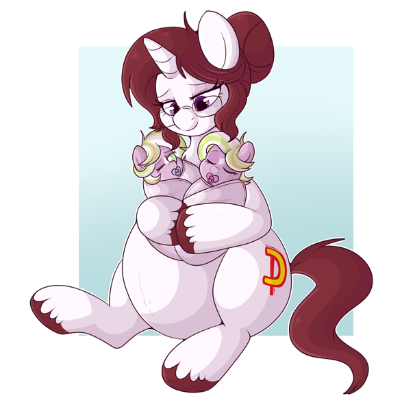 Size: 999x1021 | Tagged: safe, artist:lulubell, derpibooru import, oc, oc:amy, oc:sorbet, oc:yogurt, unofficial characters only, pony, unicorn, baby, blanket, cute, female, filly, foal, holding, holding a pony, horn, image, mare, ocbetes, pacifier, png, pregnant