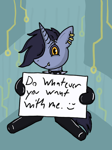 Size: 600x800 | Tagged: safe, artist:robipony, derpibooru import, oc, oc:tansha, pony, unicorn, choker, clothes, cyberpunk, detailed background, ear piercing, female, horn, image, lip piercing, mare, piercing, png, setting: neo somnambula, sign, socks, solo, spiked choker, stockings, thigh highs, variant