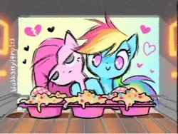 Size: 858x644 | Tagged: safe, artist:flutterberrypie, derpibooru import, pinkie pie, rainbow dash, earth pony, pegasus, pony, g4, yakity-sax, :>, baking tray, broken hearts, cupcake, duo, duo female, female, food, heart, image, mare, no pupils, oven, oven mitts, pinkamena diane pie, png, scene interpretation, signature, smiling