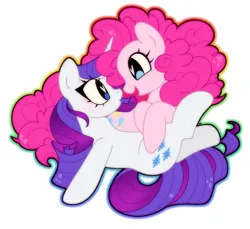 Size: 1750x1600 | Tagged: safe, artist:vivian reed, derpibooru import, pinkie pie, rarity, earth pony, pony, unicorn, g4, duo, duo female, female, heart, heart eyes, horn, image, jpeg, lesbian, looking at each other, looking at someone, looking into each others eyes, lying down, mare, on back, open mouth, open smile, outline, prone, ship:raripie, shipping, simple background, smiling, white background, wingding eyes