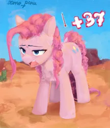 Size: 1057x1222 | Tagged: safe, artist:some_ponu, pinkie pie, pony, celsius, desert, female, heatstroke, image, jpeg, mare, overheating, painterly, signature, solo, sweat