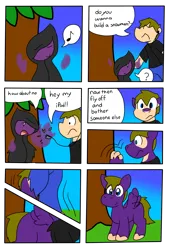 Size: 1463x2167 | Tagged: safe, artist:joltink, derpibooru import, oc, unofficial characters only, human, pegasus, pony, annoyed, comic, dialogue, do you want to build a snowman, human to pony, image, ipod, male, png, transformation, transformation sequence