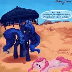 Size: 3000x3000 | Tagged: safe, alternate version, artist:some_ponu, pinkie pie, princess luna, alicorn, earth pony, pony, desert, dialogue, dream, dream walker luna, duo, female, hoof hold, image, jpeg, lidded eyes, looking at something, mare, melting, painterly, parasol (umbrella), prone, signature, x eyes