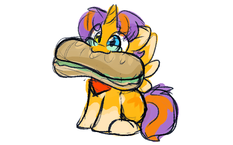 Size: 800x500 | Tagged: safe, artist:zutcha, derpibooru import, oc, unofficial characters only, alicorn, pony, coat markings, colored sketch, food, glasses, heterochromia, image, male, mouth hold, png, sandwich, sitting, sketch, smiling, socks (coat marking), solo, stallion, submarine sandwich