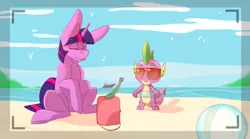 Size: 3600x2000 | Tagged: safe, artist:chapaevv, derpibooru import, spike, twilight sparkle, unicorn, beach, big ears, boat, bucket, duo, duo male and female, female, image, impossibly large ears, male, ocean, patreon, patreon reward, png, shovel, sunglasses, tongue out, unicorn twilight, water