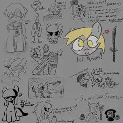 Size: 1020x1020 | Tagged: safe, artist:castafae, derpibooru import, derpy hooves, oc, oc:anon, oc:ardent glyph, oc:crystal lake, oc:faint rune, oc:mossy knoll, oc:postal mare, oc:radio, oc:sweet roll, oc:twain, dullahan, earth pony, mouse, pony, unicorn, beanie hat, crying, disembodied head, female, filly, foal, headless, horn, image, mare, monochrome, nervous, nun outfit, onesie, png, sketch, sketch dump, sword, weapon