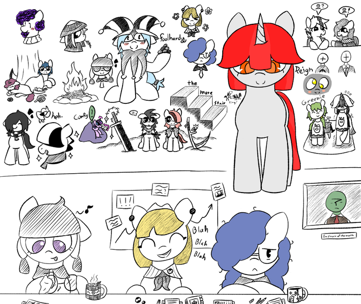 Size: 1020x858 | Tagged: safe, artist:castafae, derpibooru import, twilight sparkle, oc, oc:anon, oc:checkers, oc:eidolon, oc:faint rune, oc:foolhardy, oc:gnosis, oc:gray garden, oc:greenie, oc:radio, oc:reign, earth pony, pony, unicorn, glasses, horn, image, png, scythe, sketch, sketch dump, sword, weapon