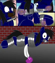 Size: 2600x2986 | Tagged: safe, artist:cardshark777, derpibooru import, oc, oc:shadow thunder, unofficial characters only, pegasus, pony, 4 panel comic, black mane, blurry background, bondage, bound and gagged, bound wings, brick wall, captive, comic, digital art, duct tape, feather, female, femsub, fetish, gag, helpless, hoof over mouth, image, imminent tickles, kidnapped, looking at you, lying down, mare, one eye closed, pegasus oc, png, submissive, tape, tape bondage, tape gag, tickle fetish, tickle torture, tickling, tied up, unknown pony, wings