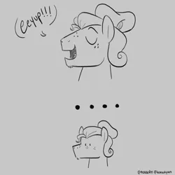 Size: 3000x3000 | Tagged: safe, artist:texacity, derpibooru import, part of a set, oc, oc:jazz apple, unofficial characters only, earth pony, pony, g4, ..., bust, dot eyes, eeyup, eyes closed, freckles, gray background, grayscale, image, like father like son, like parent like child, male, monochrome, offspring, open mouth, open smile, parent:big macintosh, parent:fluttershy, parents:fluttermac, png, signature, simple background, smiling, solo, speech bubble, stallion, sudden realization