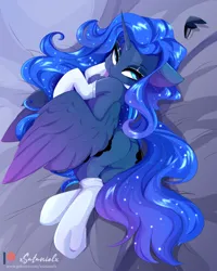 Size: 4000x5000 | Tagged: safe, alternate version, artist:xsatanielx, derpibooru import, princess luna, alicorn, pony, g4, absurd resolution, bed, bedroom eyes, butt, chest fluff, clothes, dock, featureless crotch, female, floppy ears, frog (hoof), horn, image, laying on bed, looking at you, looking back, looking back at you, lying down, mare, moonbutt, on bed, patreon, patreon logo, plot, png, rear view, side, socks, solo, spread wings, tail, underhoof, wings