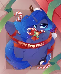 Size: 5000x6000 | Tagged: suggestive, alternate version, artist:xsatanielx, derpibooru import, princess luna, alicorn, pony, g4, absurd resolution, candy, candy cane, dock, featureless crotch, female, folded wings, food, frog (hoof), gift wrapped, happy new year, holiday, horn, image, looking at you, lying down, mare, mouth hold, on back, patreon, patreon logo, png, ribbon, solo, tail, underhoof, wings