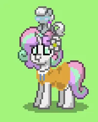 Size: 232x289 | Tagged: safe, artist:anonymous, derpibooru import, silver spoon, sweetie belle, earth pony, pony, unicorn, pony town, /mlp/, /ptfg/, 4chan, alternate design, clothes, dress, female, flower, flower in hair, glasses, green background, horn, image, kinsona, older, older sweetie belle, plushie, png, pony plushie, simple background, solo