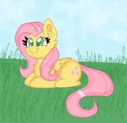 Size: 1952x1888 | Tagged: safe, artist:cinematic-deer, artist:cinematic-fawn, derpibooru import, fluttershy, pegasus, pony, colored pupils, cute, female, field, image, lying down, mare, png, ponyloaf, prone, smiling, solo