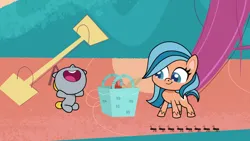 Size: 1280x720 | Tagged: safe, derpibooru import, screencap, unnamed character, unnamed pony, ant, earth pony, insect, pony, cute-pocalypse meow, my little pony: pony life, spoiler:pony life s01e03, baby, baby pony, basket, colt, duo, female, foal, image, male, mare, nose in the air, orange zest, picnic basket, png