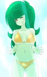 Size: 1668x2719 | Tagged: suggestive, artist:batipin, derpibooru import, wallflower blush, human, equestria girls, g4, against glass, big breasts, bikini, breasts, busty wallflower blush, clothes, female, glass, golden bikini, image, png, solo, swimsuit