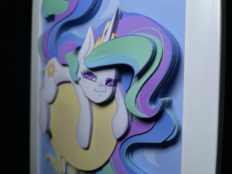 Size: 4032x3024 | Tagged: safe, artist:made_by_franch, derpibooru import, princess celestia, alicorn, pegasus, pony, unicorn, g4, craft, handmade, handwork, horn, image, papercraft, photo, png, portrait diorama, shadowbox, solo, sun