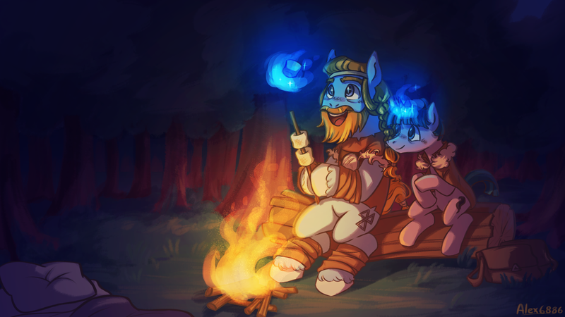 Size: 1920x1080 | Tagged: safe, artist:alex6886, derpibooru import, rockhoof, stygian, earth pony, pony, unicorn, g4, campfire, camping, cloak, clothes, detailed background, duo, duo male, food, forest, horn, image, male, marshmallow, nature, night, outdoors, png, shipping, stallion, stygian's cutie mark, tree