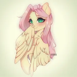 Size: 1000x1000 | Tagged: safe, artist:vivinhyan, derpibooru import, fluttershy, pegasus, pony, bust, cute, female, gradient background, hiding behind wing, image, jpeg, looking at you, mare, shy, smiling, solo, wings