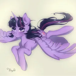 Size: 2160x2160 | Tagged: safe, artist:vivinhyan, derpibooru import, twilight sparkle, twilight sparkle (alicorn), alicorn, pony, female, flying, image, jpeg, mare, simple background, solo