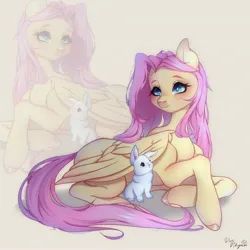 Size: 3160x3160 | Tagged: safe, artist:vivinhyan, derpibooru import, part of a set, angel bunny, fluttershy, pegasus, pony, rabbit, animal, duo, female, high res, image, jpeg, lying down, mare, prone, smiling, zoom layer