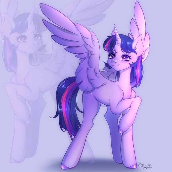 Size: 3160x3160 | Tagged: safe, artist:vivinhyan, derpibooru import, part of a set, twilight sparkle, twilight sparkle (alicorn), alicorn, pony, female, high res, image, jpeg, mare, raised hoof, smiling, solo, spread wings, wings, zoom layer