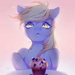 Size: 4096x4096 | Tagged: safe, artist:vivinhyan, derpibooru import, derpy hooves, pegasus, pony, absurd resolution, bust, drool, female, food, gradient background, image, jpeg, looking at something, mare, muffin, solo, sparkles, that pony sure does love muffins