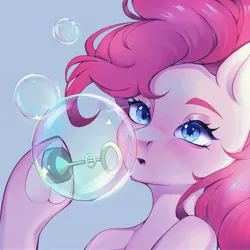 Size: 4096x4096 | Tagged: safe, artist:vivinhyan, derpibooru import, pinkie pie, earth pony, pony, absurd resolution, blowing bubbles, bubble, bust, female, gradient background, hoof hold, image, jpeg, mare, portrait, solo