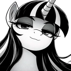 Size: 2048x2048 | Tagged: safe, ai content, derpibooru import, machine learning generated, prompter:krivovyaz, twilight sparkle, pony, unicorn, g4, black and white, generator:bing image creator, generator:dall-e 3, grayscale, horn, image, looking at you, monochrome, png, simple background, smiling, smiling at you, smug, solo, top to bottom, white background