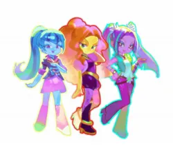 Size: 2048x1740 | Tagged: safe, artist:alba_pura, derpibooru import, adagio dazzle, aria blaze, sonata dusk, equestria girls, g4, belt, boots, clothes, denim, female, gem, high heel boots, image, jeans, jpeg, leggings, miniskirt, open mouth, pants, shirt, shoes, shorts, simple background, siren gem, skirt, socks, the dazzlings, trio, trio female, white background