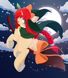 Size: 4400x5000 | Tagged: safe, alternate version, artist:xsatanielx, derpibooru import, oc, oc:emerald sour, unofficial characters only, pony, unicorn, absurd resolution, braid, braided tail, broom, butt, cloud, commission, dock, featureless crotch, female, flying, flying broomstick, freckles, frog (hoof), full moon, hat, horn, image, looking at you, looking back, looking back at you, mare, moon, night, night sky, open mouth, open smile, plot, png, sky, smiling, smiling at you, solo, tail, underhoof, unicorn oc, witch, witch hat, ych result