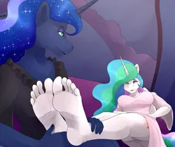 Size: 2088x1764 | Tagged: suggestive, artist:noctibus, ponerpics import, princess celestia, princess luna, anthro, breasts, clothes, feet, female, fetish, foot fetish, foot focus, foot massage, image, looking at each other, png, soles, toes