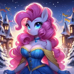 Size: 468x468 | Tagged: safe, ai content, derpibooru import, machine learning generated, prompter:glimmy-glam, pinkie pie, anthro, blushing, breasts, castle, choker, clothes, corset, dress, generator:dall-e 3, gloves, image, jpeg, night, pine tree, smiling, snow, stars, tree, winter