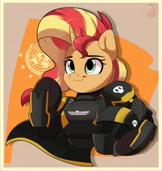 Size: 2733x2897 | Tagged: safe, artist:joaothejohn, derpibooru import, sunset shimmer, oc, pegasus, pony, semi-anthro, unicorn, g4, armor, cape, clothes, commission, ear fluff, earth, fanart, female, flag, game, helldivers 2, helmet, horn, image, jpeg, looking up, mare, multicolored hair, passepartout, pegasus oc, propaganda, salute, science fiction, skull, smiling, solo, wings, ych example, your character here