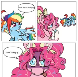 Size: 1097x1078 | Tagged: safe, artist:ask-pinkie-polkadot-pie, derpibooru import, pinkie pie, rainbow dash, earth pony, pegasus, pony, fanfic:cupcakes, g4, alternate design, comic panel, female, image, imminent murder, insanity, man i'm so hungry / how hungry, mare, meme, png, ponified meme, subverted meme, this will end in cupcakes, twitterina design