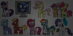 Size: 1024x512 | Tagged: semi-grimdark, artist:gregeyman555, derpibooru import, apple bloom, big macintosh, fluttershy, pinkie pie, princess luna, rainbow dash, rarity, scootaloo, sweetie belle, trixie, twilight sparkle, alicorn, earth pony, pegasus, pony, unicorn, fanfic:cupcakes, fanfic:fluttershy's lullaby, fanfic:rainbow factory, fanfic:rarity's new dress, fanfic:sweet apple massacre, fanfic:the experiments of twilight sparkle, luna game, creepy, creepy smile, creepypasta, cutie mark crusaders, fanfic art, female, horn, image, jpeg, male, mare, pinkamena diane pie, s1 luna, smiling, stallion, the creepy crusaders, trixie's fun house, unicorn twilight