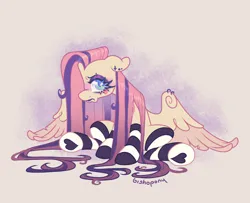 Size: 2048x1665 | Tagged: safe, artist:bishopony, derpibooru import, fluttershy, pegasus, pony, g4, alternate eye color, black lipstick, blue eyelashes, blue eyes, blue pupils, blush scribble, blushing, clothes, colored eyelashes, colored pupils, colored wings, colored wingtips, cross, cross earring, dyed mane, ear piercing, earring, emoshy, eyebrow piercing, eyelashes, eyeshadow, female, floppy ears, frown, hair over one eye, image, impossibly long mane, inverted cross, jewelry, lipstick, long mane, looking back, makeup, narrowed eyes, piercing, pink wingtips, png, ponies in socks, pouting, purple eyeshadow, purple text, requested art, shiny eyelashes, shiny mane, signature, sitting, socks, solo, spread wings, straight mane, striped socks, text, torn wings, two toned mane, two toned wings, unamused, wall of tags, wing piercing, wings, yellow coat