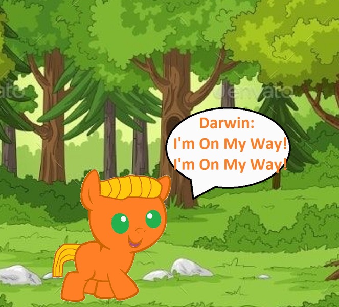 Size: 964x872 | Tagged: safe, artist:memeartboi, derpibooru import, ponified, earth pony, pony, g4, baby, baby pony, colt, cute, darwin watterson, foal, forest, forest background, happy, image, jpeg, little boy, male, nature, singing, solo, solo male, the amazing world of gumball, tree, walking