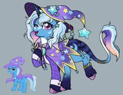 Size: 1280x994 | Tagged: safe, artist:malinraf1615, derpibooru import, trixie, pony, unicorn, g4, alternate design, cape, clothes, cute, diatrixes, female, gray background, hat, horn, image, one eye closed, png, simple background, solo, trixie's cape, trixie's hat