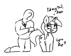 Size: 857x673 | Tagged: safe, artist:anonymous, derpibooru import, lyra heartstrings, oc, oc:anon, pony, unicorn, black and white, duo, duo male and female, female, grayscale, horn, image, male, monochrome, png, simple background, smiling, white background