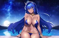 Size: 1280x832 | Tagged: suggestive, ai content, derpibooru import, machine learning generated, novelai, prompter:tychotma-1, stable diffusion, princess luna, human, belly, belly button, bikini, bracelet, clothes, humanized, image, jewelry, looking at you, moon, png, poolside, solo, stars, swimsuit, tiara