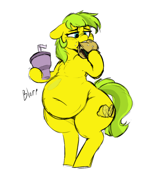 Size: 803x958 | Tagged: safe, artist:polofastter, artist:somefrigginnerd, derpibooru import, oc, oc:lemon drop, unofficial characters only, earth pony, pony, belly, belly button, big belly, bipedal, burger, commissioner:lemondrop, eating, fat, female, food, image, mare, png, simple background, sketch, solo, stomach noise, transparent background