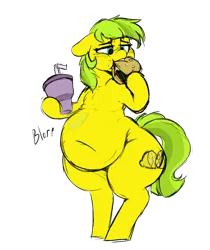 Size: 803x958 | Tagged: safe, artist:polofastter, artist:somefrigginnerd, derpibooru import, oc, oc:lemon drop, unofficial characters only, earth pony, pony, belly, belly button, big belly, bipedal, burger, commissioner:lemondrop, eating, fat, female, food, image, mare, png, simple background, sketch, solo, stomach noise, transparent background