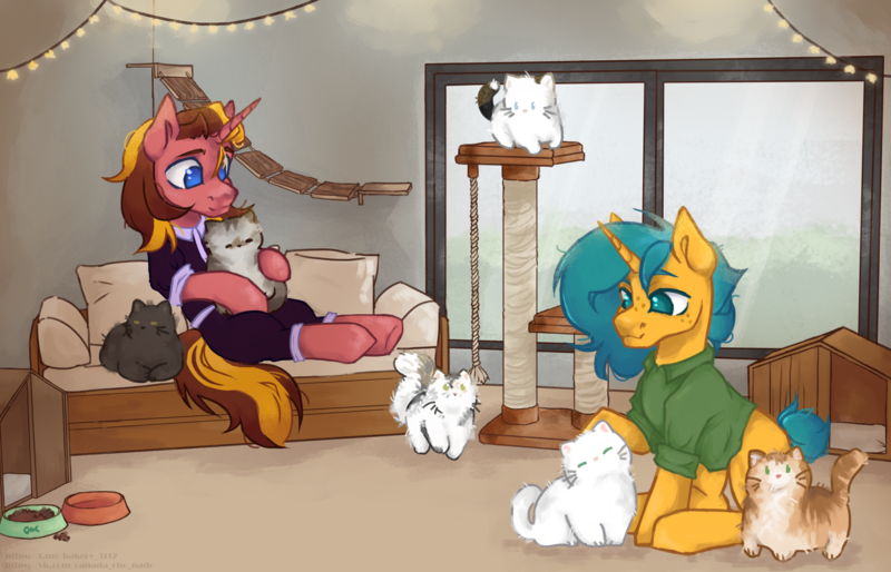 Size: 6550x4208 | Tagged: safe, artist:хлебушек, derpibooru import, oc, oc:drew dru, oc:wry bell, cat, pony, unicorn, horn, image, png